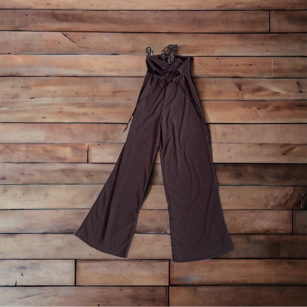 Streetwear Society  Women’s Slinky knit square cutout strap Jumpsuit Brown Small